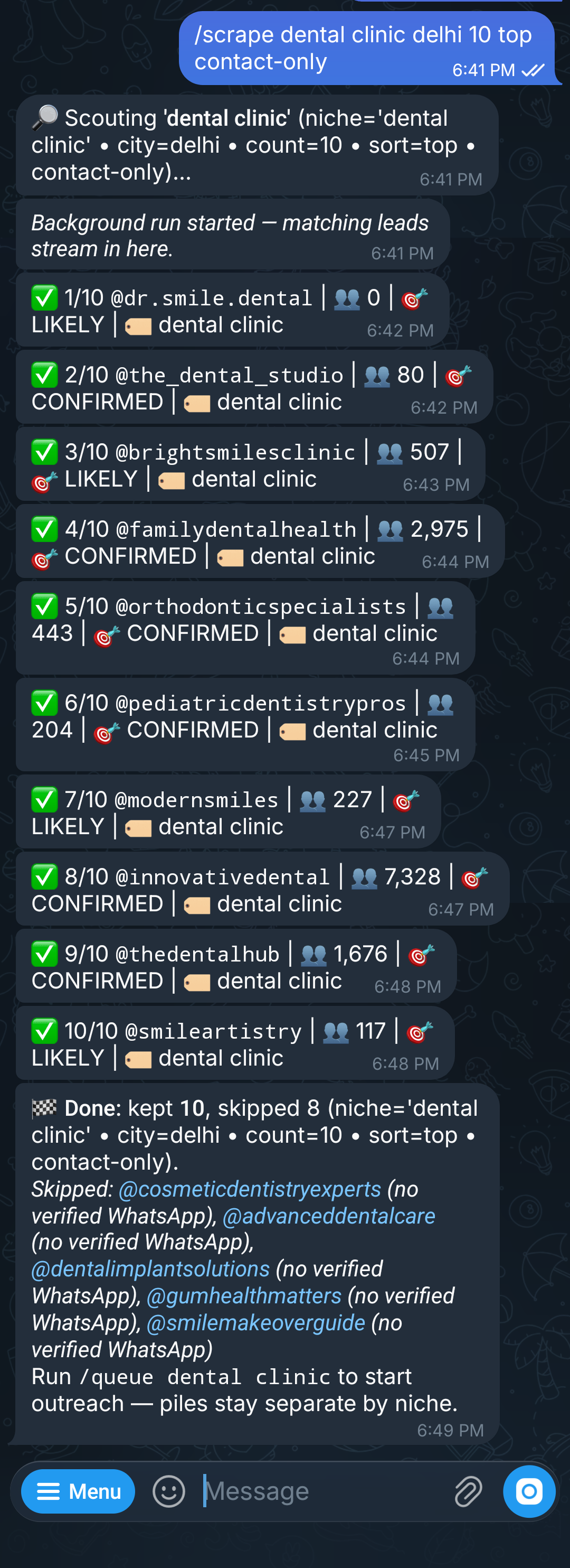 Unlisted bot running a live scrape in Telegram